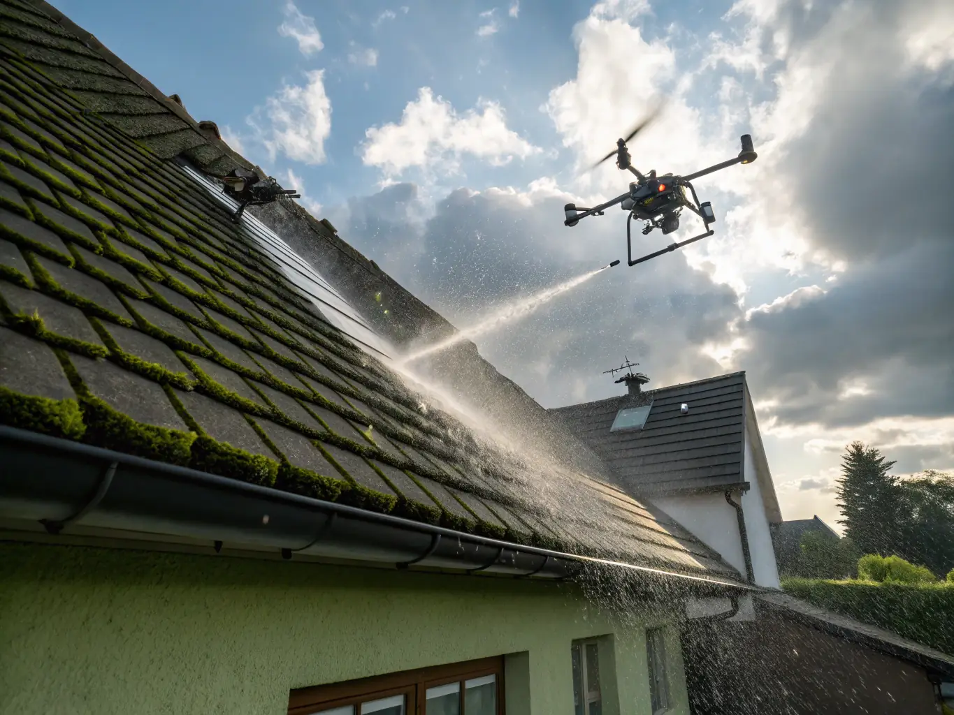 Drone pulvérisant un traitement anti-mousse sur une toiture fortement colonisée