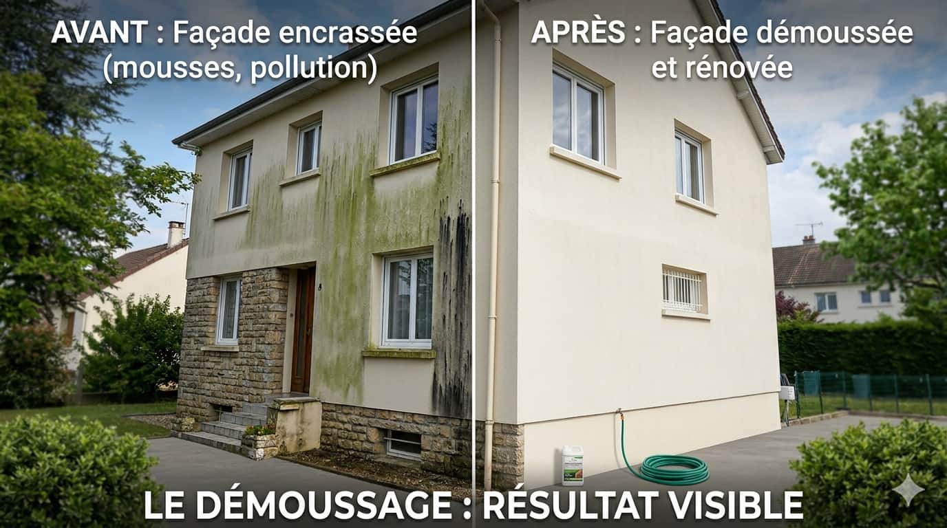 Avant après démoussage de façade en Seine-et-Marne (77)